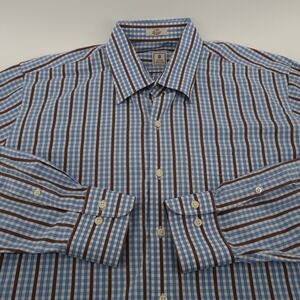 Peter Millar Mens Large Blue Brown Gingham Striped Button Down Shirt Cotton